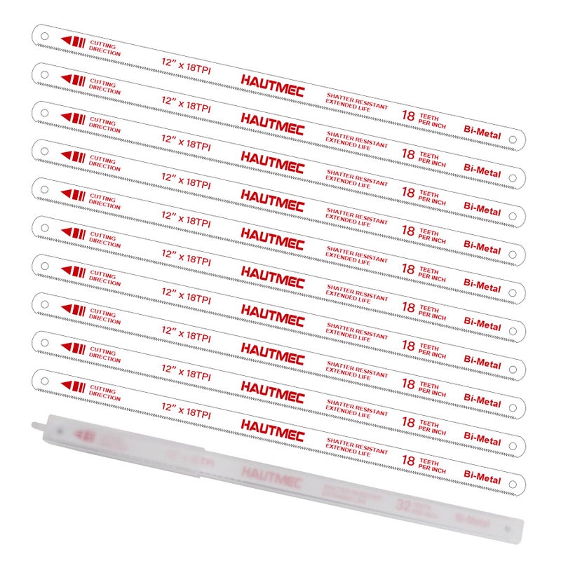 HAUTMEC 12" Hacksaw Blades 18 TPI â€“ 10 Pack Bi-Metal Replacement Blades with High-Speed Steel Teeth and Spring Steel Body, Professional Grade, Fits Most Hacksaw Frames - Image 1